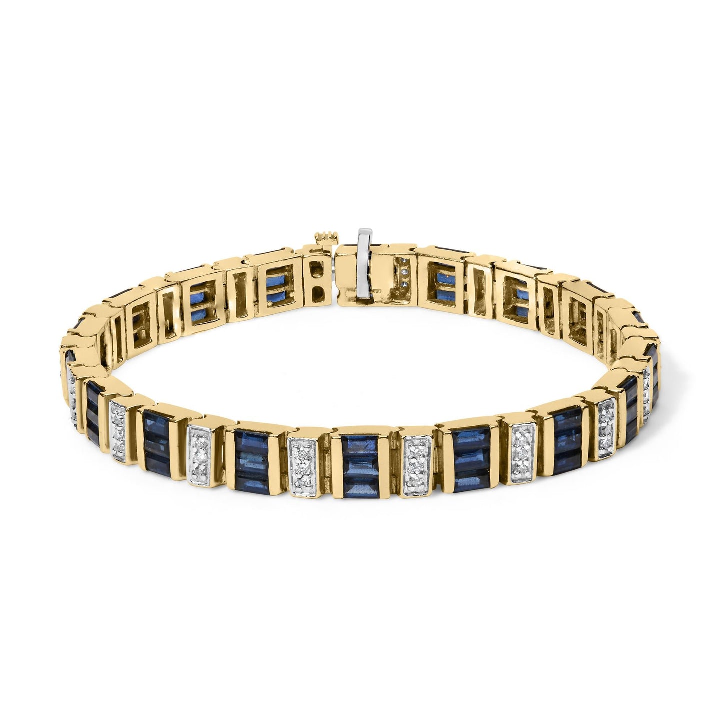 14K Yellow Gold 2/5 Cttw Diamond & 8.0 Cttw Baguette Cut Blue Sapphire Alternating Link Bracelet (G-H Color, VS1-VS2 Clarity) - 7" Inches