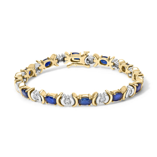 14K Yellow Gold 1.00 Cttw Alternating  Diamond and 6 1/2 Cttw Oval Blue Sapphire Link Bracelet (H-I Color, SI1-SI2 Clarity) - 7" Inches