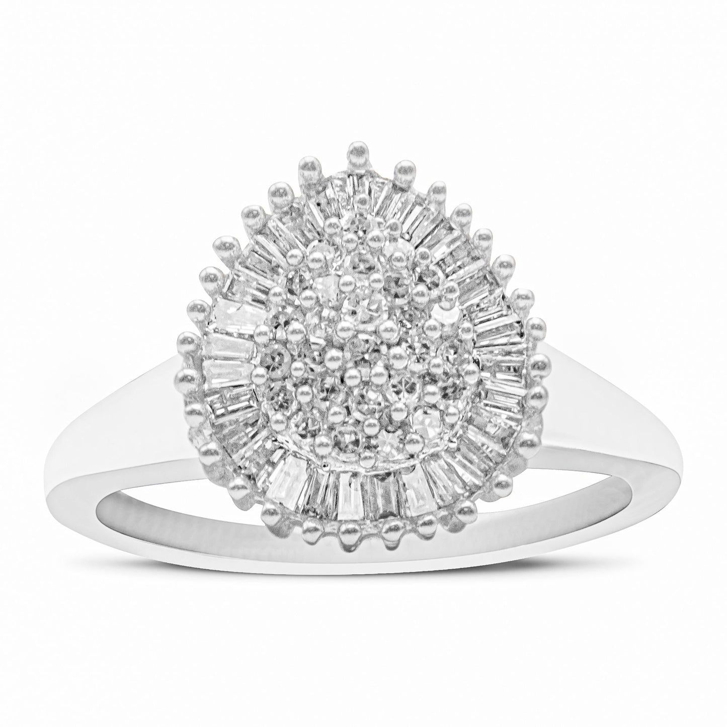 10K White Gold 1/2 Cttw Round & Baguette Cut Diamond Pear Shaped Domed Pavé Cluster with Halo Cocktail Ring (H-I Color, SI1-SI2 Clarity)