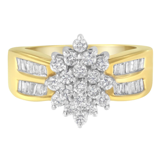 14K Yellow Gold 1.0 Cttw Round & Baguette Cut Diamond Floral Cluster Double-Channel Flared Band Cocktail Statement Ring (H-I Color, SI2-I1 Clarity)