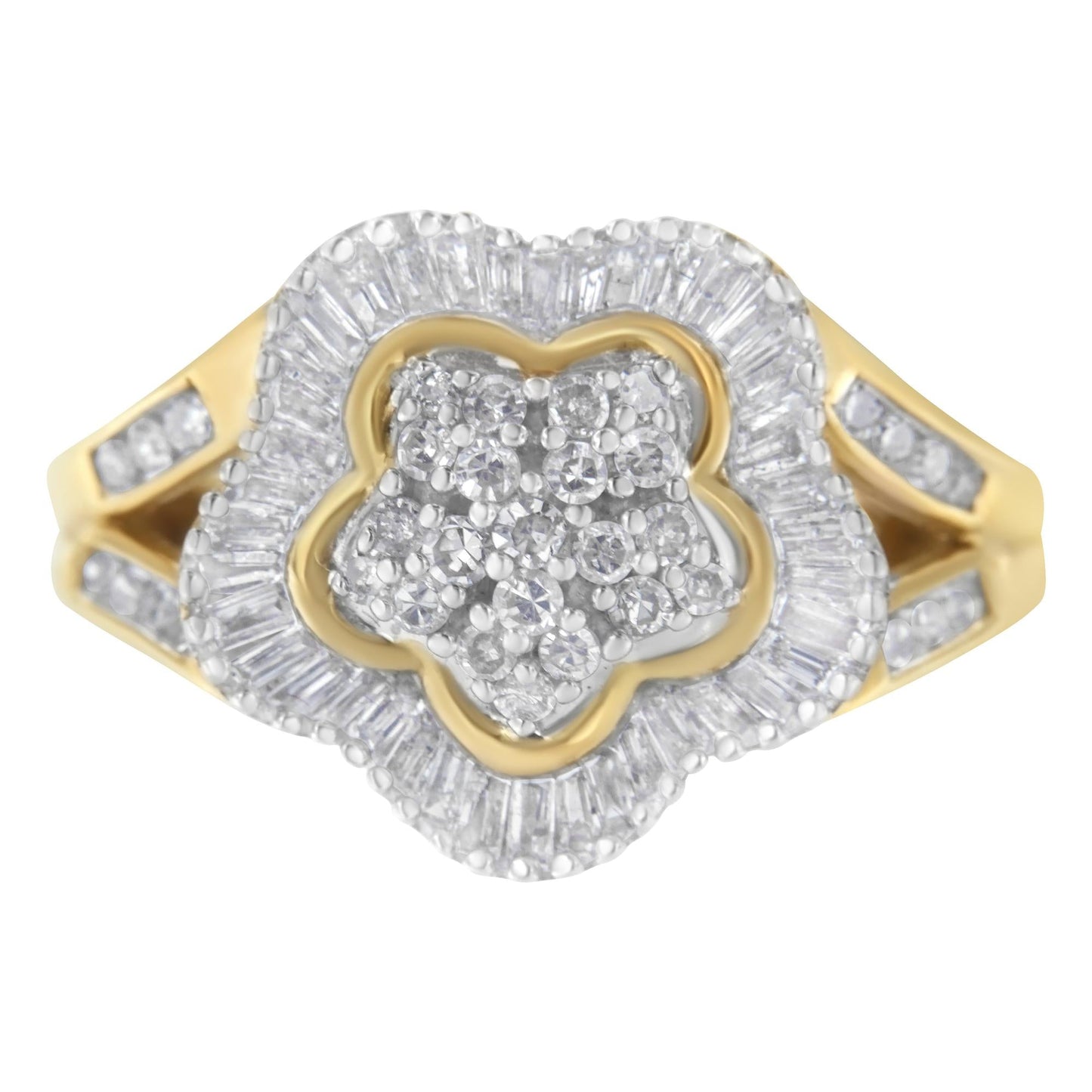 10KT Yellow Gold Round and Baguette Cut Diamond Ballerina Ring (1 cttw, I-J Color, SI1-SI2 Clarity)