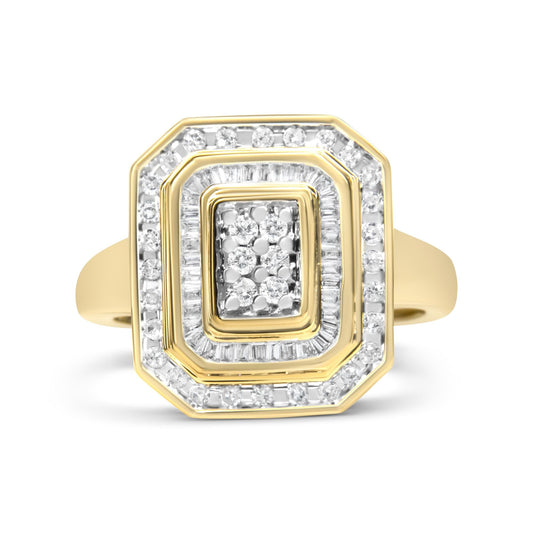 10K Yellow Gold 1.0 Cttw Diamond Vintage Inspired Baguette-Cut Double Halo Emerald-Shaped Frame Cocktail Ring (I-J Color, I1-I2 Clarity)