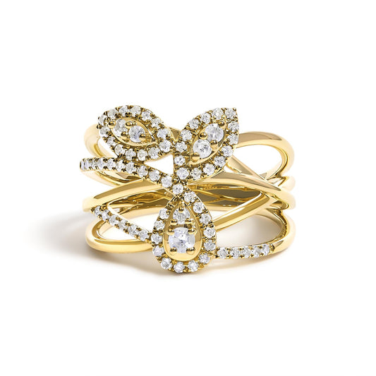 10K Yellow Gold 1/2 Cttw Diamond Crossover 3 Leaf Floral Cocktail Ring Band (H-I Color, SI1-SI2 Clarity)