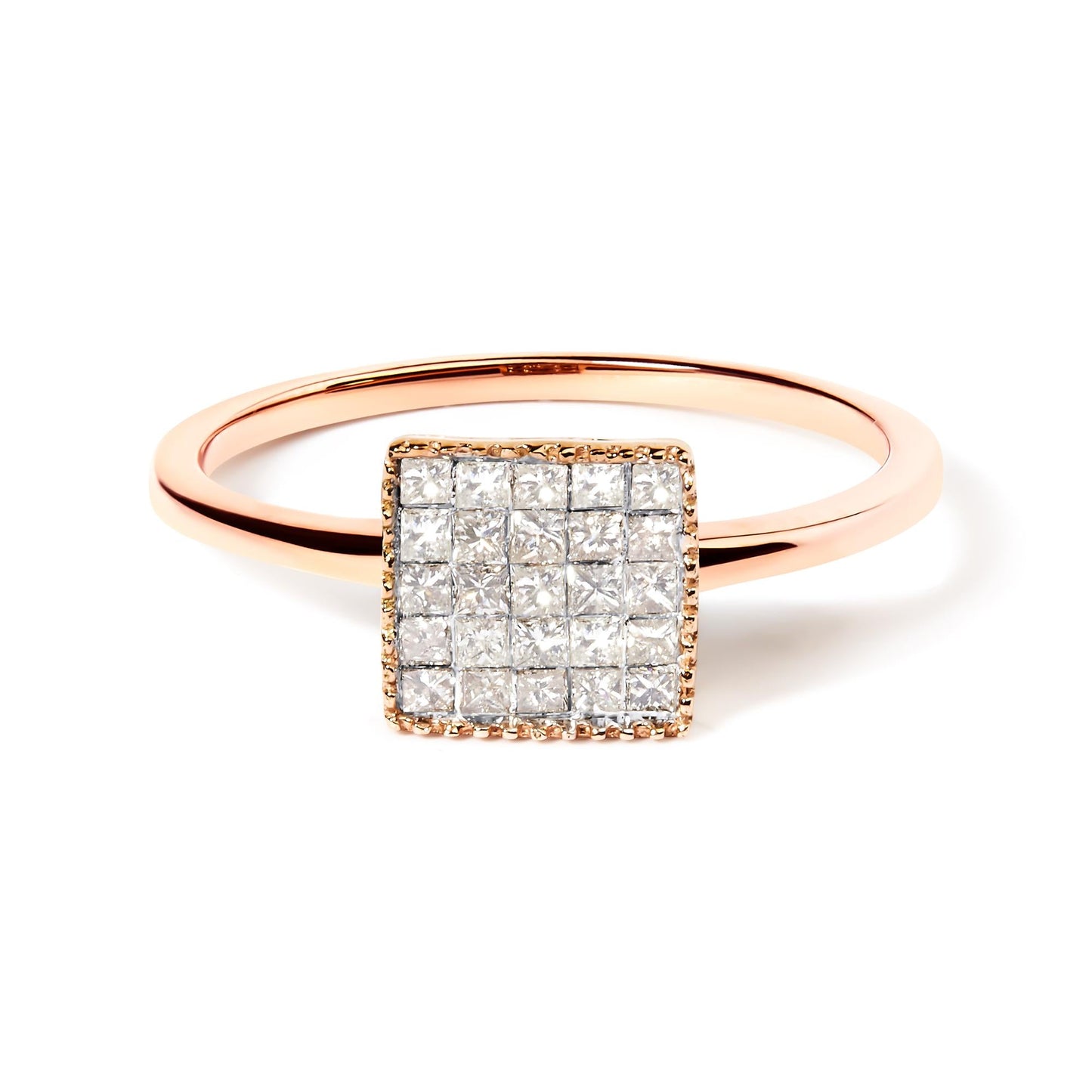 10K Rose Gold 1/3 Cttw Invisible Set Princess Cut Diamond Composite Square Shape Ring (H-I color, I1-I2 clarity)