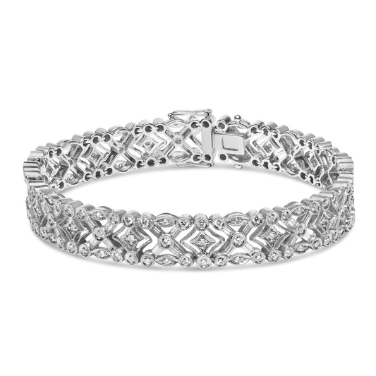 18K White Gold 3 3/4 Cttw Baguette and Round Diamond Art Deco Vintage-Inspired Link Bracelet (G-H Color, VS1-VS2 Clarity) - 7"