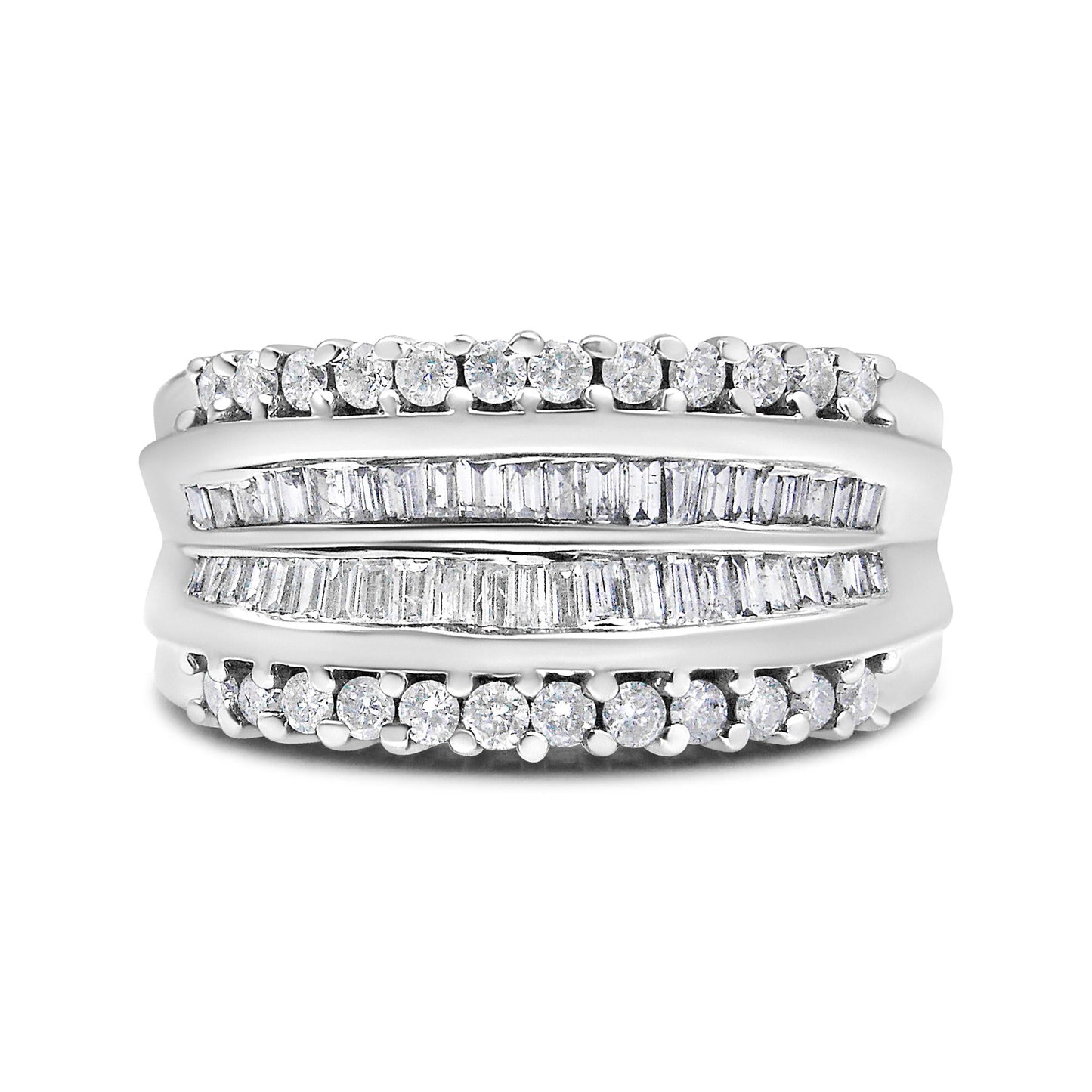 14K White Gold 1.00 Cttw Round and Baguette-Cut Diamond Modern Band Ring (H-I Color, SI2-I1 Clarity)