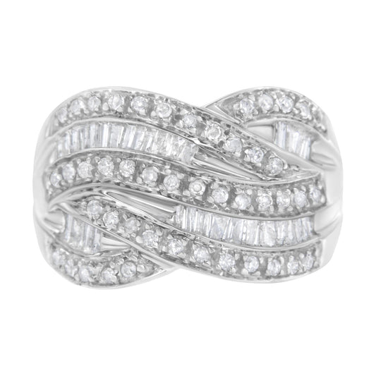 .925 Sterling Silver 1.0 Cttw Channel Set Alternating Round and Baguette Diamond Cross-over Bypass Ring Band (I-J Color, I2-I3 Clarity)