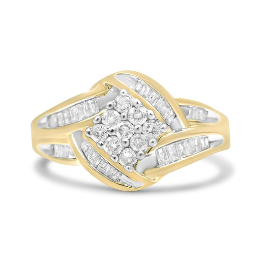 10K Yellow and White Gold 3/4 Cttw Diamond Cluster and Swirl Ring (H-I Color, I1-I2 Clarity)