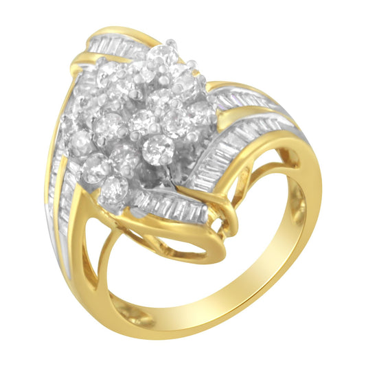 10K Yellow Gold Round and Baguette Diamond Swirl Ring (2.0 Cttw, J-K Color, I2 Clarity)