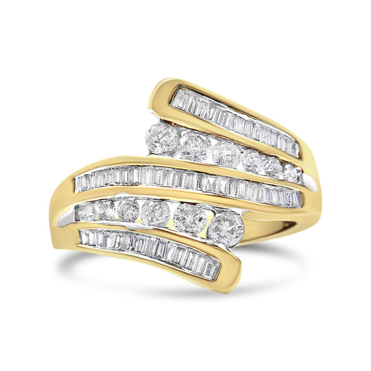 10K Yellow Gold 1 Cttw Round and Baguette-Cut Diamond Multi Row Bypass Ring Band (H-I Color, I1-I2 Clarity)