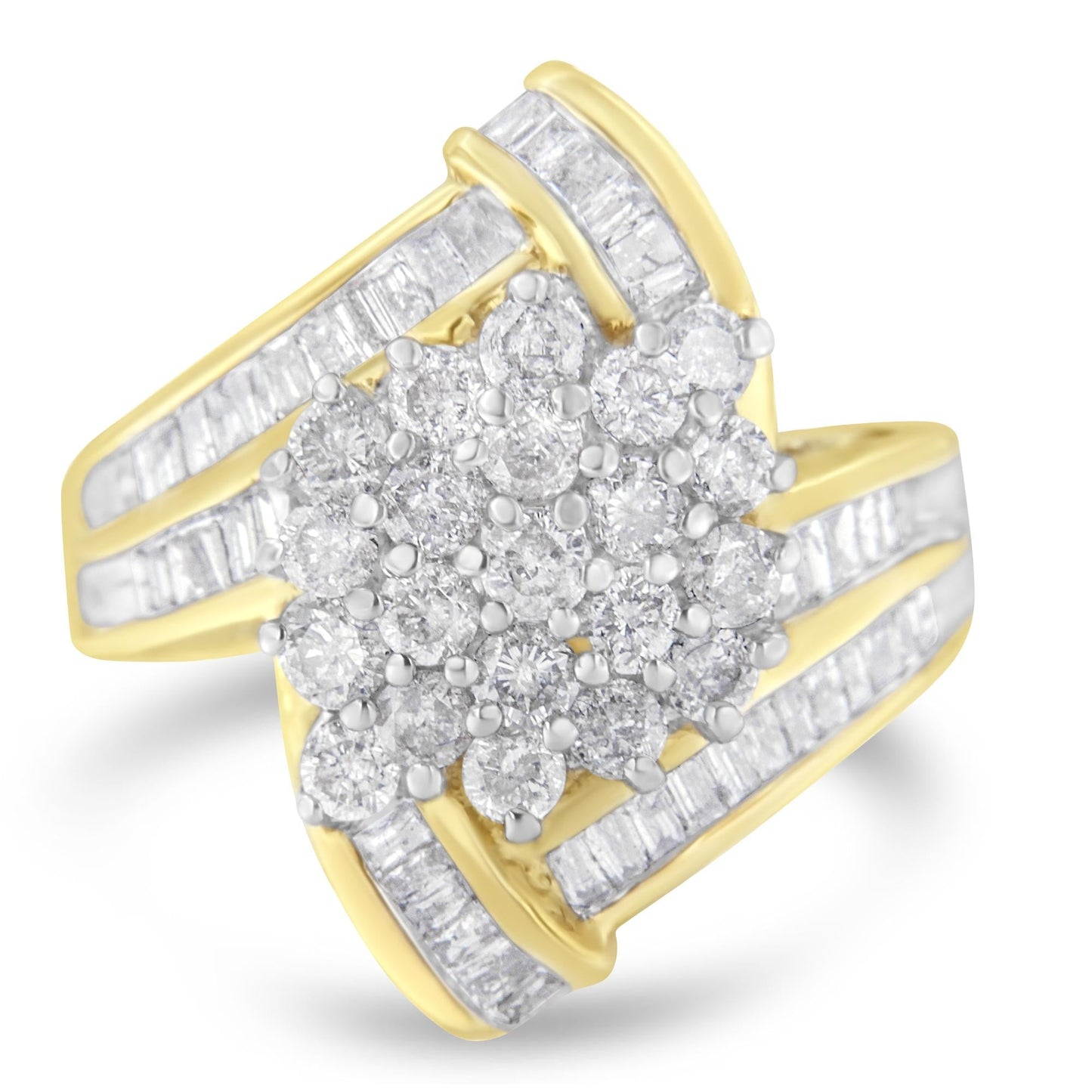 10K Yellow Gold Round and Baguette Diamond Crossover Cluster Ring (3 Cttw, I-J Color, I1-I2 Clarity)