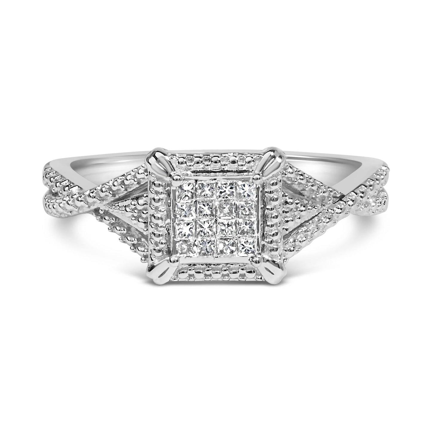 10K White Gold 1/7 Cttw Princess Cut Diamond Composite Head and Beaded Shank Engagement Ring (H-I Color, SI1-SI2 Clarity)