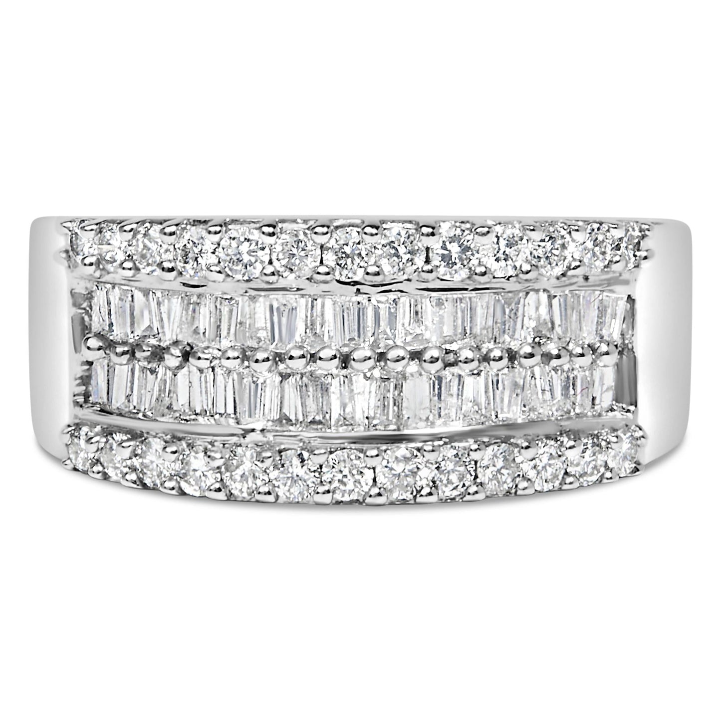 14K White Gold 1.0 Cttw 4 Row Round Baguette Diamond Band Ring (H-I Color, SI1-SI2 Clarity) - Ring Size 7