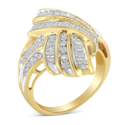 10K Yellow Gold Plated .925 Sterling Silver 1.0 Cttw Round & Baguette Diamond Knot Channel Statement Ring (I-J Color, I2-I3 Clarity)