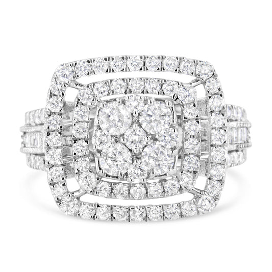 10K White Gold 2 Cttw Brilliant Round-Cut and Baguette Diamond Halo and Cluster Ring (I-J Color, I1-I2 Clarity)