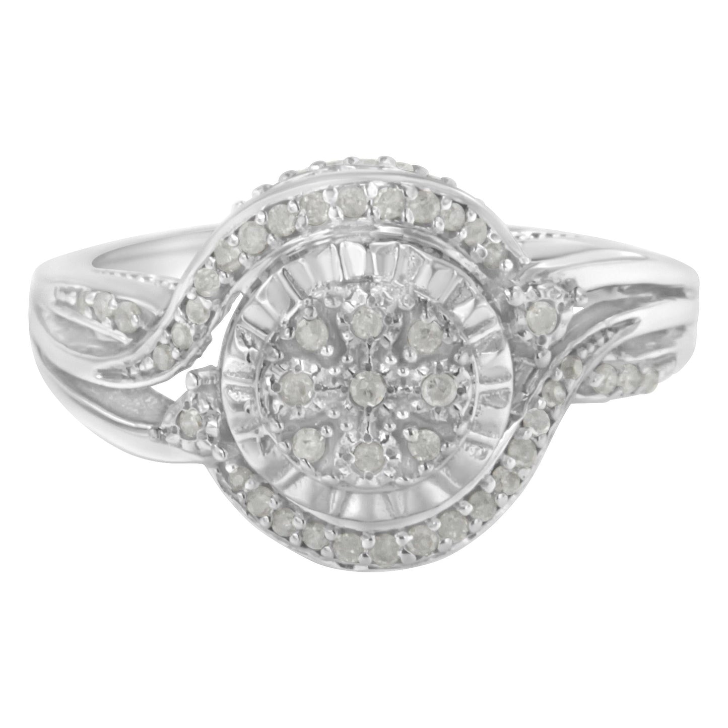 .925 Sterling Silver 1/4 Cttw Diamond Round Cluster Miracle-Plate Halo Split Shank Band Cocktail Engagement Ring (I-J Color, I3 Clarity)