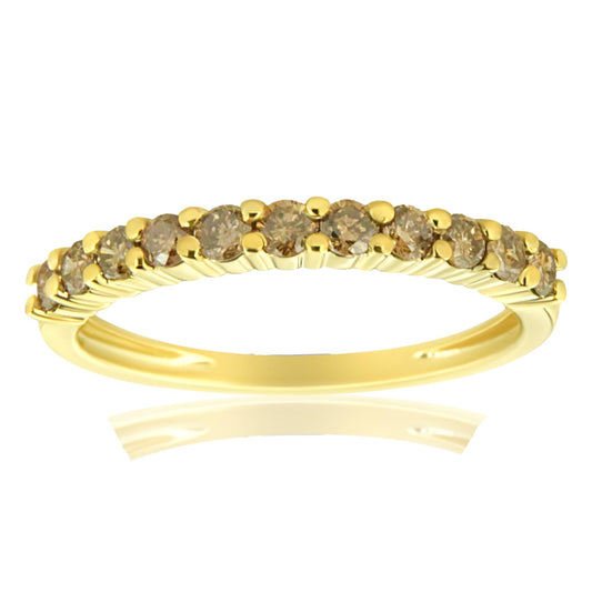 10K Yellow Gold Plated .925 Sterling Silver 1/4 Cttw Champagne Diamond 11 Stone Band Ring (K-L Color, I1-I2 Clarity)