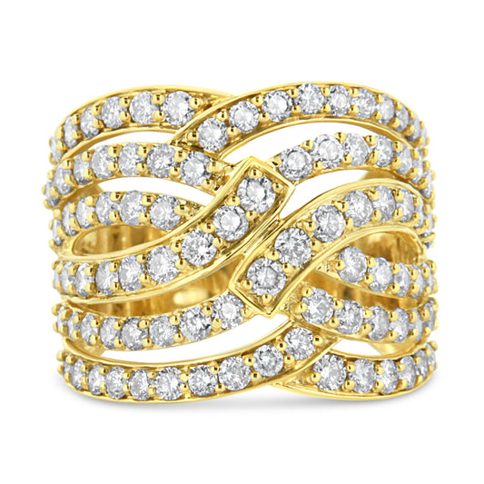 10K Yellow Gold 3.00 Cttw Diamond Multi Row Bypass Wave Cocktail Band Ring (J-K Color, I1-I2 Clarity)