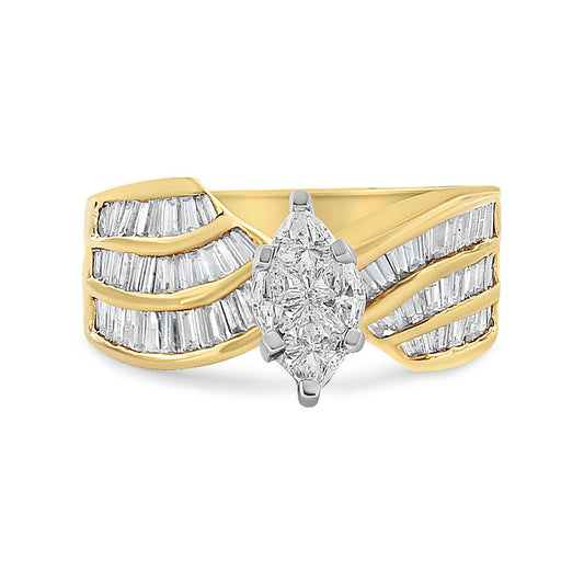 14K White and Yellow Gold 1 1/4 Cttw Pie and Baguette-Cut Diamond Marquise Shape Engagement Bypass Ring (H-I Color, VS1-VS2 Clarity)