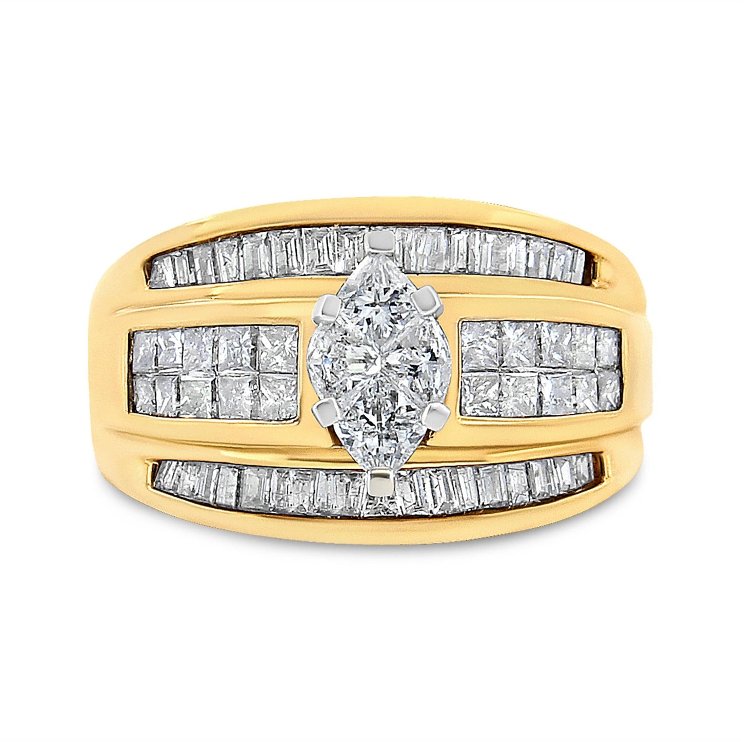 14K Yellow Gold 1 1/2 Cttw Pie, Princess and Baguette-cut Diamond Marquise Shaped Engagement Cocktail Ring Band (H-I Color, I1-I2 Clarity)