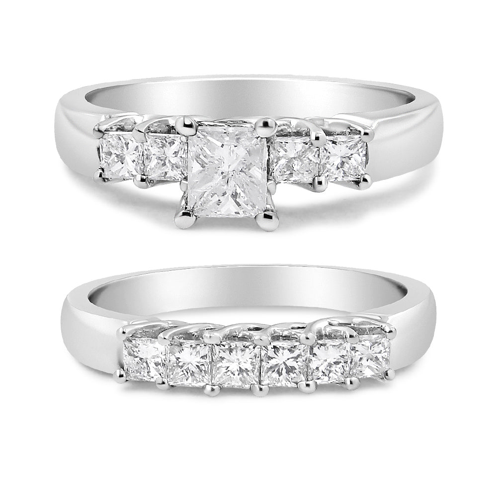 14K White Gold 1 1/2 Cttw 5 Stone Princess Diamond Engagement Wedding Ring Set (H-I Color, SI2-I1 Clarity)