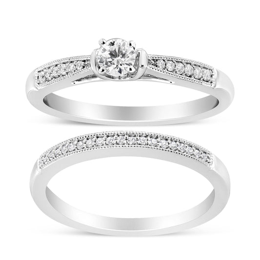 .925 Sterling Silver 1/3 Cttw Diamond Classic Engagement Ring Bridal Set with Milgrain (I-J Color, I3 Clarity)