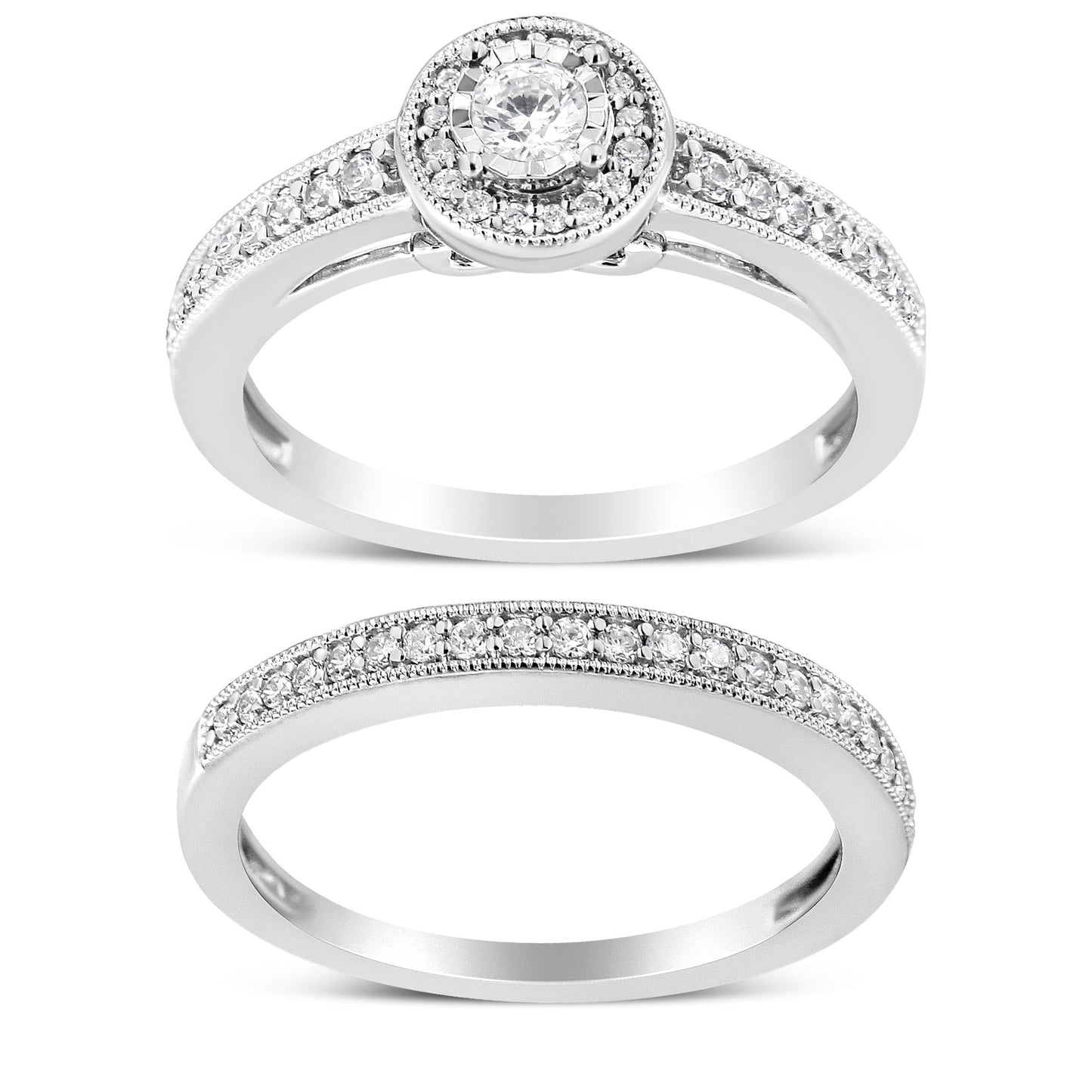 .925 Sterling Silver 1/2 Ctw Diamond Halo and Milgrain Engagement Ring Bridal Set (I-J Color, I3 Clarity)