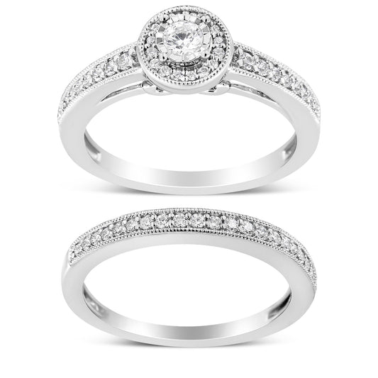 .925 Sterling Silver 1/2 Ctw Diamond Halo and Milgrain Engagement Ring Bridal Set (I-J Color, I3 Clarity)