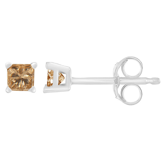 14K White Gold 0.40 Cttw Princess-Cut Square Champagne Diamond Stud Earrings (Natural Color, I2-I3 Clarity)