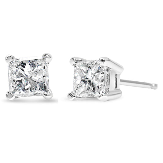 AGS Certified 14K Gold 1.0 Cttw 4-Prong Set Princess-Cut Solitaire Diamond Push Back Stud Earrings (J-K Color, I1-I2 Clarity)