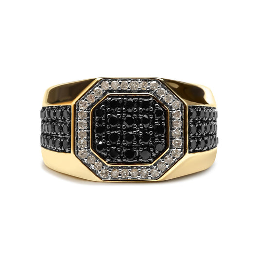 Men's 10K Yellow Gold 1 1/4 Cttw White and Treated Black Diamond Octagonal Halo Band Ring (I-J Color, I2-I3 Clarity)