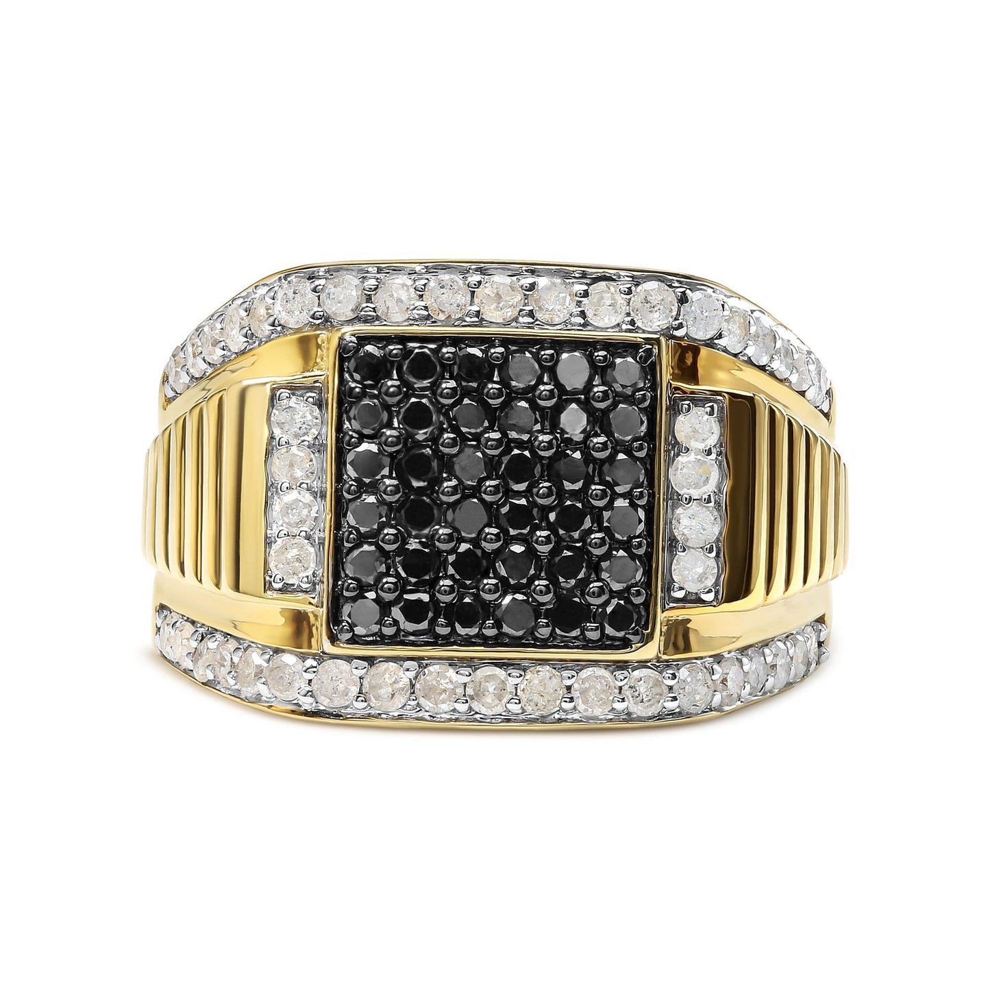 Men's 10K Yellow Gold 1 1/2 Cttw White and Black Treated Diamond Cluster Ring (Black / I-J Color, I2-I3 Clarity)