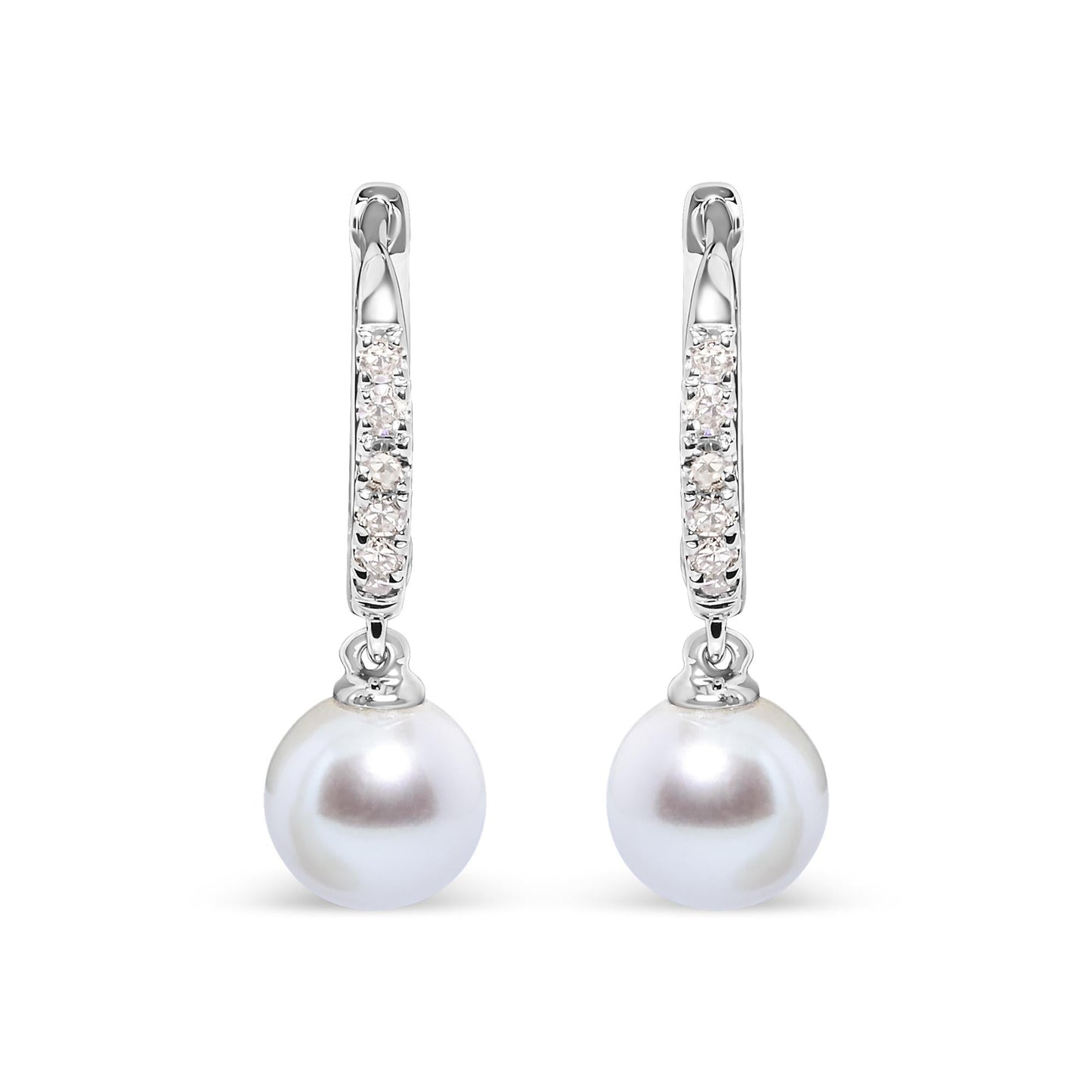 10K White Gold 6x6 MM Cultured Freshwater Pearl and Diamond Accent Drop Huggy Earring (H-I Color, I1-I2 Clarity)