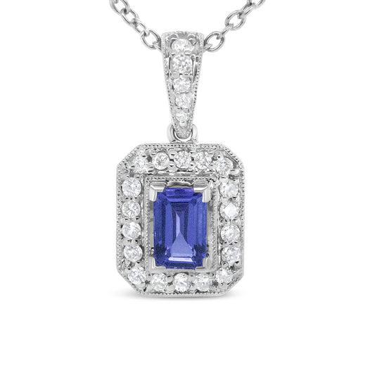 18K White Gold 1/4 Cttw Round Diamond and 6x4mm Purple Tanzanite Halo 18" Pendant Necklace (H-I Color, VS1-VS2 Clarity)