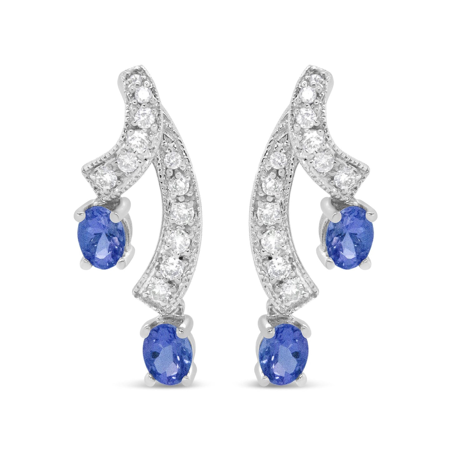 14K White Gold 4x3MM Oval Shaped Natural Blue Tanzanite Gemstone and 1/5 Cttw Diamond Double 3/4" Inch Drop Stud Earrings (H-I Color, VS1-VS2 Clarity)