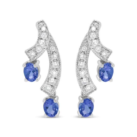 14K White Gold 4x3MM Oval Shaped Natural Blue Tanzanite Gemstone and 1/5 Cttw Diamond Double 3/4" Inch Drop Stud Earrings (H-I Color, VS1-VS2 Clarity)