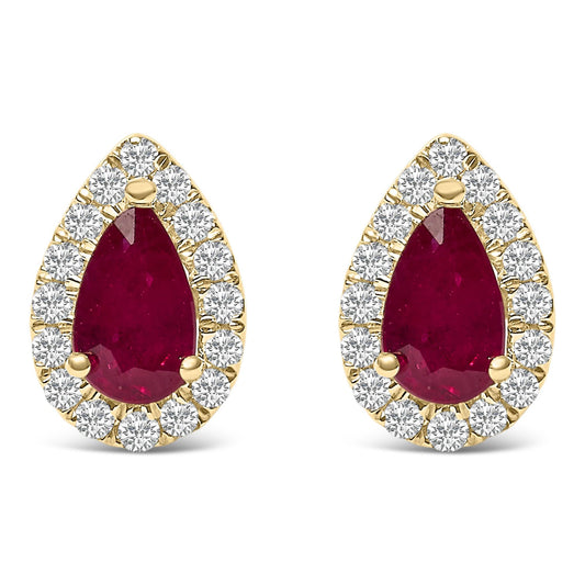 10K Yellow Gold 5X3 MM Pear-Cut Ruby and 1/7 Cttw Diamond Halo Stud Earrings (I-J Color, I1-I2 Clarity)