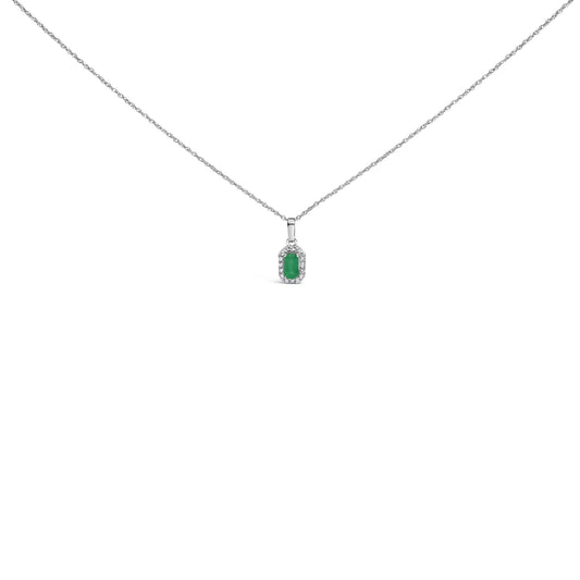 10K White Gold 5x3mm Gemstone and Diamond Accent Halo Octagonal Shape 18" Pendant Necklace (I-J Color, I1-I2 Clarity)