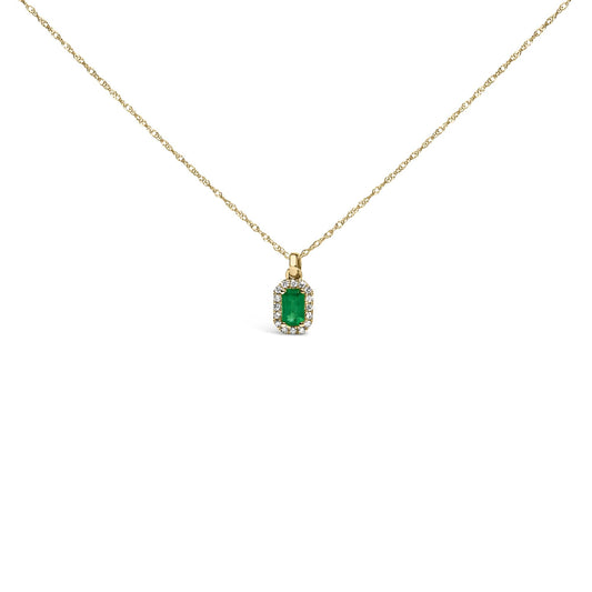 10K Yellow Gold 5x3mm Green Emerald and Diamond Accent Halo Octagonal Shape 18" Pendant Necklace (I-J Color, I1-I2 Clarity)