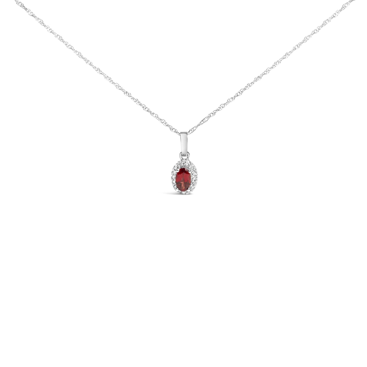 10K White Gold 5x3mm Gemstone and Diamond Accent Halo Oval Shape 18" Pendant Necklace (I-J Color, I1-I2 Clarity)