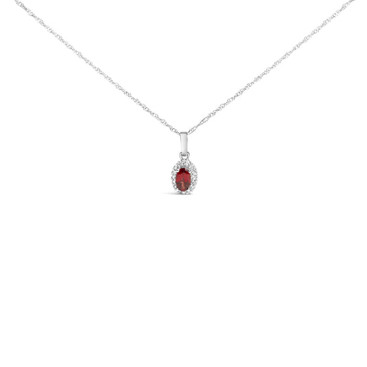 10K White Gold 5x3mm Gemstone and Diamond Accent Halo Oval Shape 18" Pendant Necklace (I-J Color, I1-I2 Clarity)