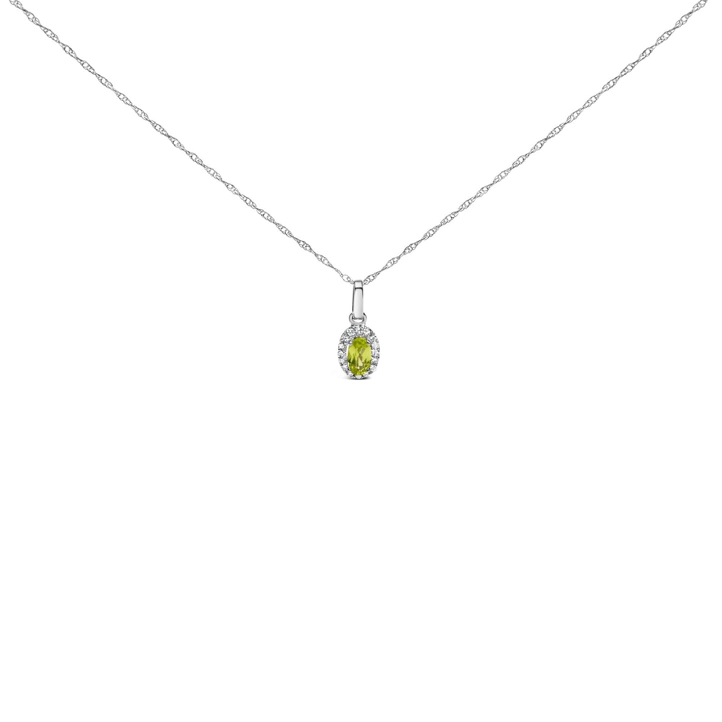 10K White Gold 5x3mm Gemstone and Diamond Accent Halo Oval Shape 18" Pendant Necklace (I-J Color, I1-I2 Clarity)