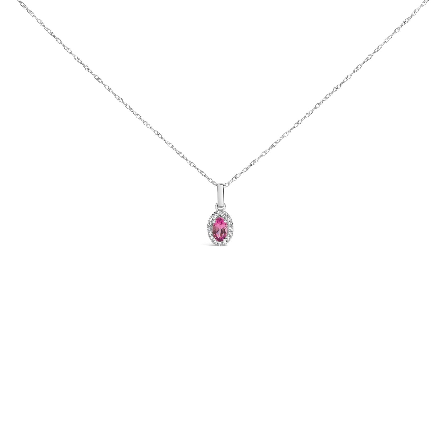 10K White Gold 5x3mm Gemstone and Diamond Accent Halo Oval Shape 18" Pendant Necklace (I-J Color, I1-I2 Clarity)