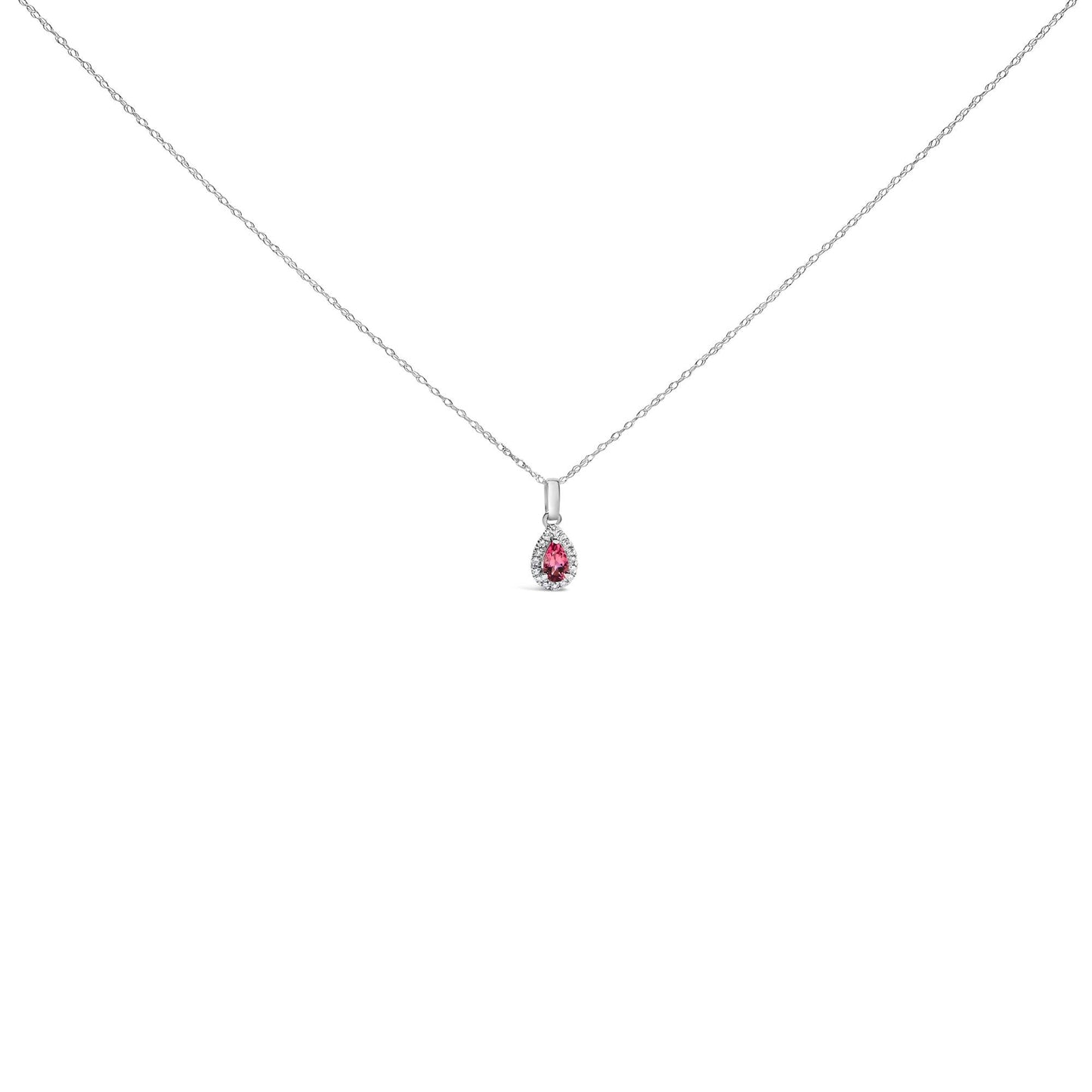 10K White Gold 5x3mm Gemstone and Diamond Accent Halo Pear Shape 18" Pendant Necklace (I-J Color, I1-I2 Clarity)