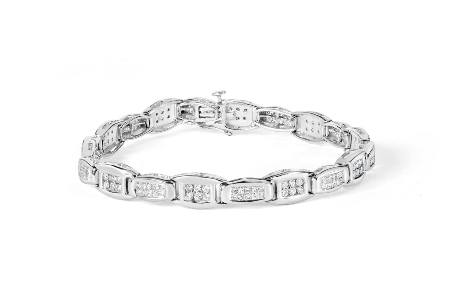 14K White Gold 2-1/2 Cttw Round-Brilliant & Baguette Cut Diamond 7" Alternating Flared Links Tennis Bracelet (H-I Color, SI1-SI2 Clarity)