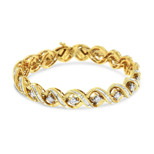 14K Yellow and White Gold 3.0 Cttw Round and Baguette-Cut Diamond Infinity Swirl Link Bracelet (H-I Color, I2-I3 Clarity) - 7"