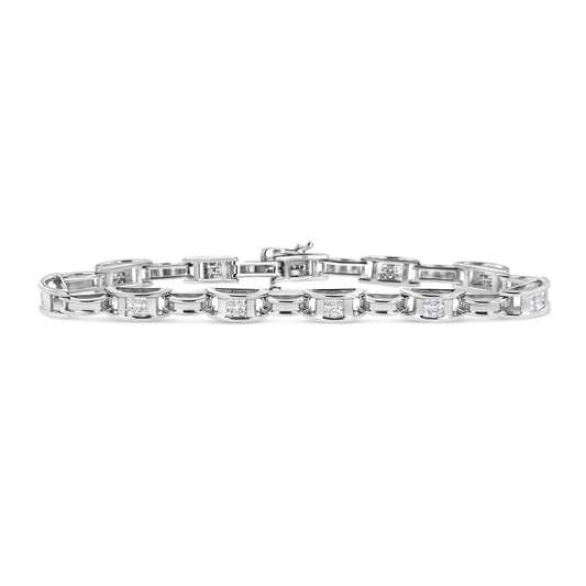 14K White Gold 1.0 Cttw Invisible Set Princess Diamond Alternating Link Tennis Bracelet (I-J Color, I1-I2 Clarity) - 7.25"