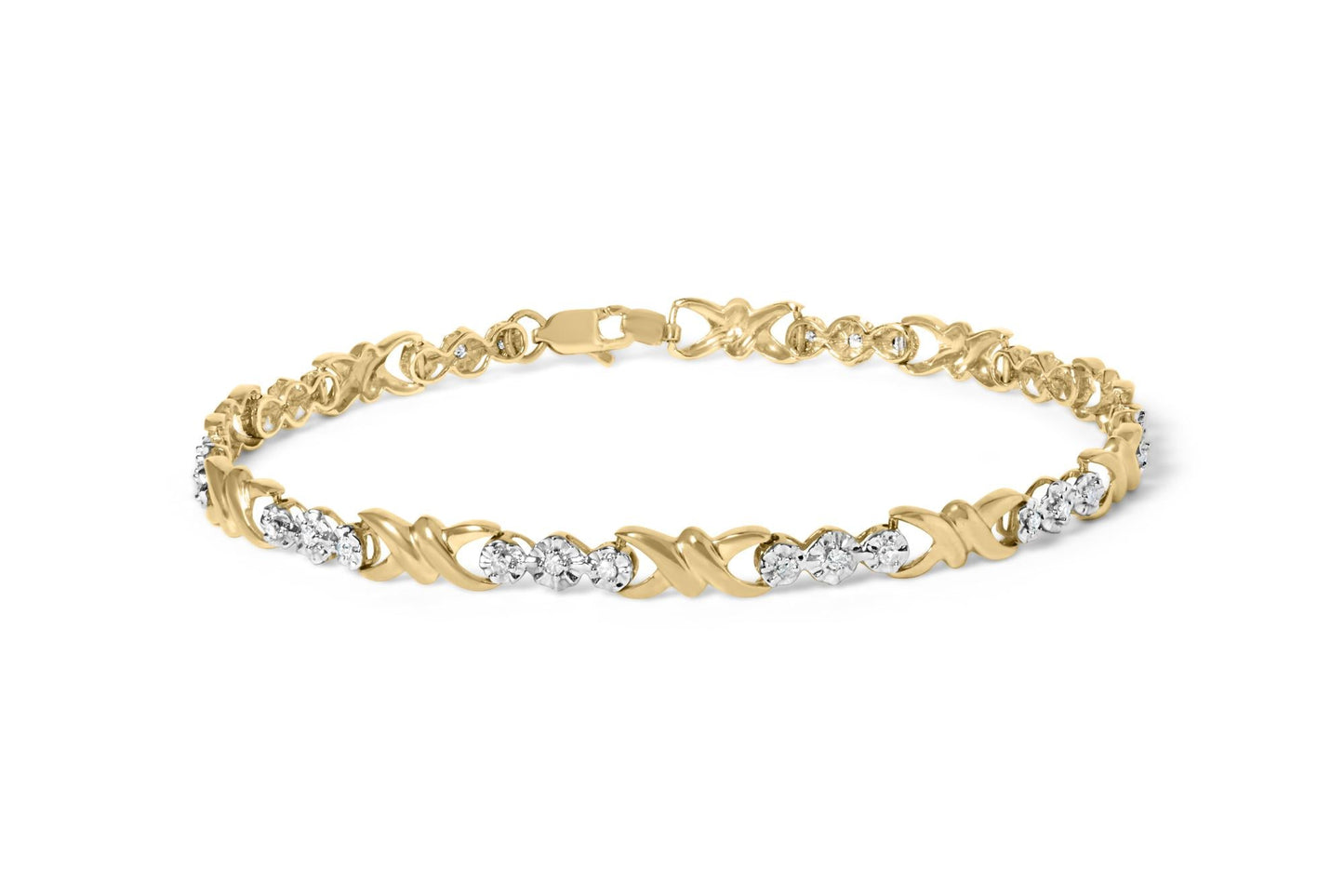 10k Yellow Gold 1/3 Cttw Diamond 3 Stone and X-Link Bracelet (I-J Color, I1-I2 Clarity) - 7.50" Inches