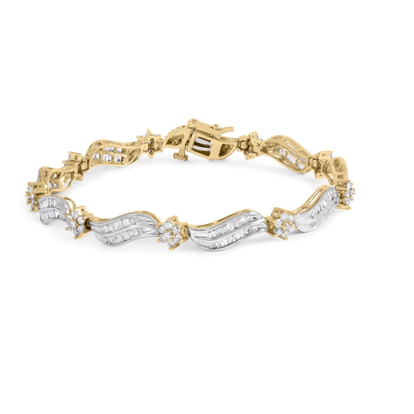 10K Yellow and White Gold 3.00 Cttw Diamond Cluster and Wave Link Bracelet (I-J Color, I1-I2 Clarity) - 7.25"