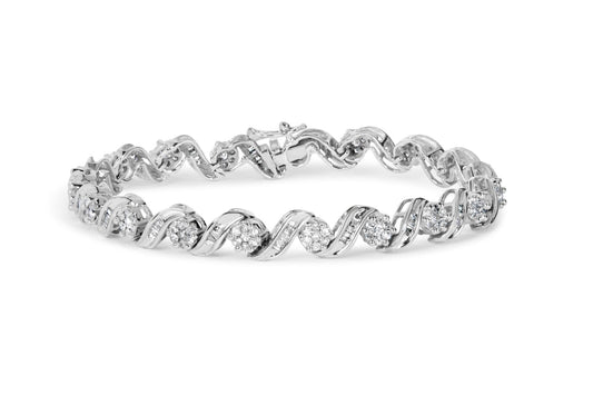 14K White Gold 2.00 Cttw Diamond Cluster and Spiral Link Bracelet (I-J Color, I1-I2 Clarity) - 7"